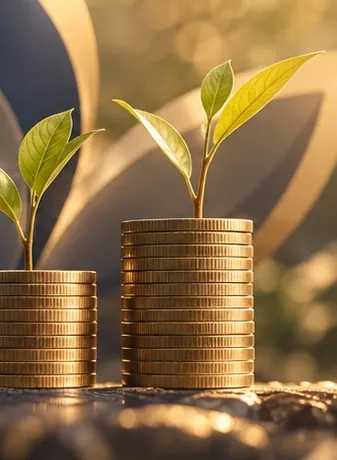 A young plant growing from a stack of gold coins in warm evening light.