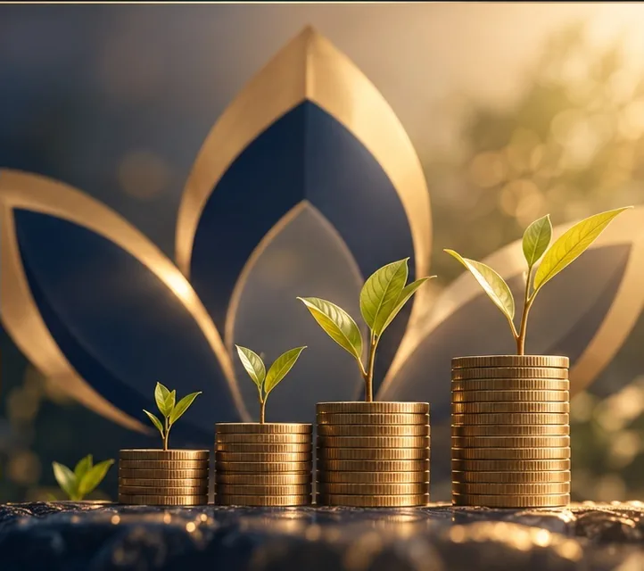 The SARVAKARA lotus rising behind stacks of gold coins with young plants — a symbol of steady, patient growth.